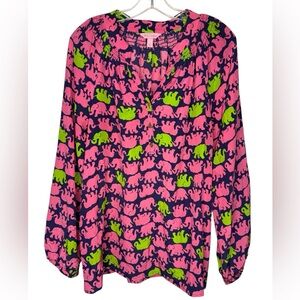 Lilly Pulitzer Elsa Silk Blouse Tusk in Sun Elephant Print Pink Green Large